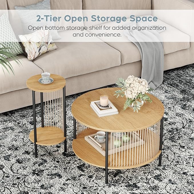 Yechen 3-Piece Boho Coffee Table Set with Hand-Woven Natural Rope, 2 Tier Wooden Round Coffee Table and End Table Sets with Metal Frame, Side Table with Storage for Living Room, Bedroom - LeafyLoom