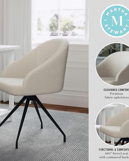 Martha Stewart Sora Stationary Swivel Task Chair with Sloped Arms for Home Office in White Boucle with Oil Rubbed Bronze Frame - LeafyLoom