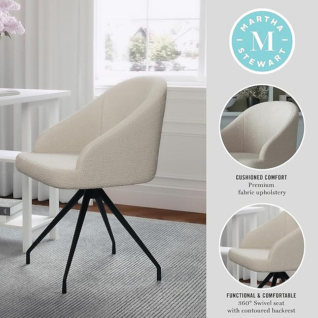 Martha Stewart Sora Stationary Swivel Task Chair with Sloped Arms for Home Office in White Boucle with Oil Rubbed Bronze Frame - LeafyLoom