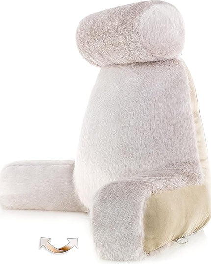Husband Pillow XXL Baby Golden Wolf Fabulous Faux Fur Backrest, Two-Tone Reversible Double Sided Reading & Bed Rest Pillow with Arms & Neck Roll, Adjustable Memory Foam - Sit Up Extremely Comfy - LeafyLoom
