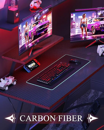 L Shaped Gaming Desk, 51 Inch Computer Corner Table with Large Monitor Stand & Carbon Fiber Surface for Home Office Study Writing Workstation, Black - LeafyLoom