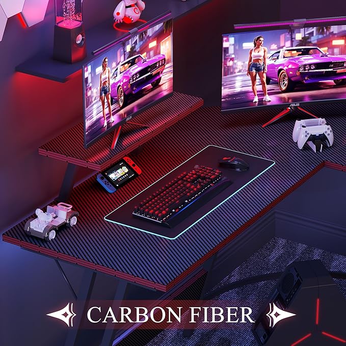L Shaped Gaming Desk, 51 Inch Computer Corner Table with Large Monitor Stand & Carbon Fiber Surface for Home Office Study Writing Workstation, Black - LeafyLoom