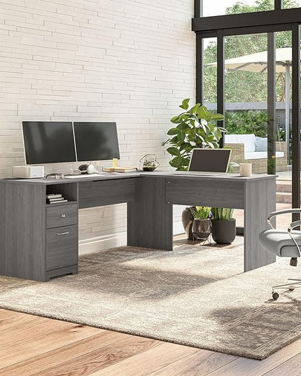 Bush Furniture L Shaped Desk with Drawers for Executive and Home Office | Cabot Collection Corner Table with Storage and Chrome Hardware Return, 72W, Modern Gray - LeafyLoom
