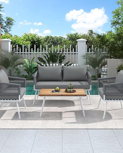 4-Piece Outdoor Patio Furniture Boho Rope Weave Set, Conversation Loveseat Sofa&Chairs with Acacia Wood Table and Thick Cushions, for Garden Backyard Balcony, Onesize, Beige - LeafyLoom