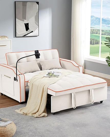Full Size Pull 3 in 1 Convertible, Fluffy Velvet Loveseat Cama, Lounge Sleeper Sofa with Pullout Bed, Small Futon Couch for Living Room, Type C Port, 55" W（USB+phone stand, Beige - LeafyLoom