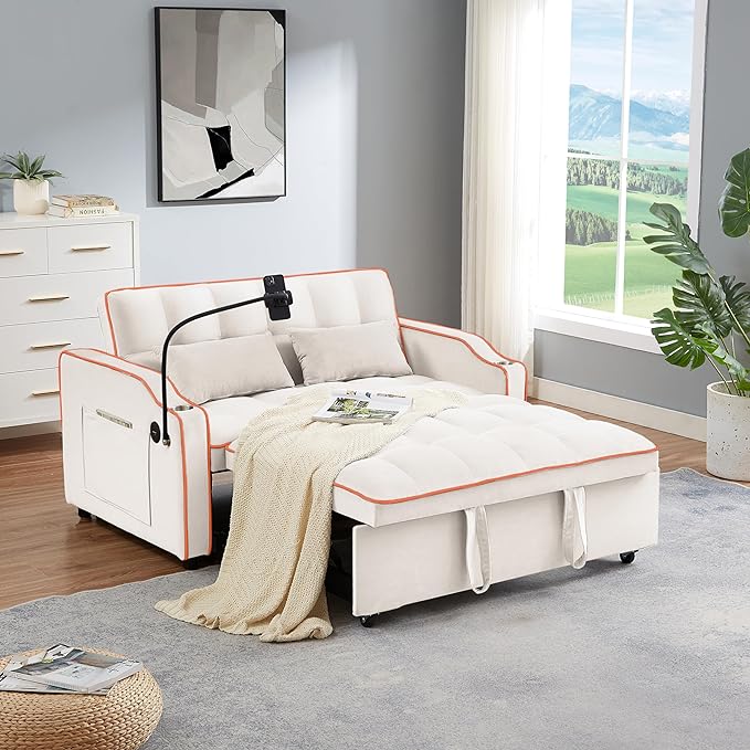 Full Size Pull 3 in 1 Convertible, Fluffy Velvet Loveseat Cama, Lounge Sleeper Sofa with Pullout Bed, Small Futon Couch for Living Room, Type C Port, 55" W（USB+phone stand, Beige - LeafyLoom