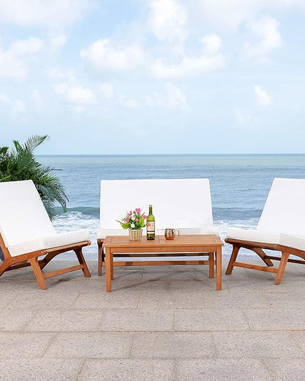 SAFAVIEH Outdoor Collection Chaston Wood Cushion 4-Piece Conversation Patio Set PAT7044F, Natural/Beige - LeafyLoom