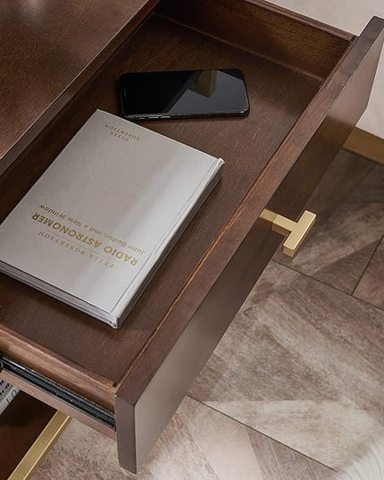Leick Home 9069-WA One Drawer Nightstand Side Table Contemporary Modern USB-C Fast Charging Station A/C USB Charging Port Integrated Durable Solid Metal Wood Living Room Bedroom Office Walnut and Gold - LeafyLoom