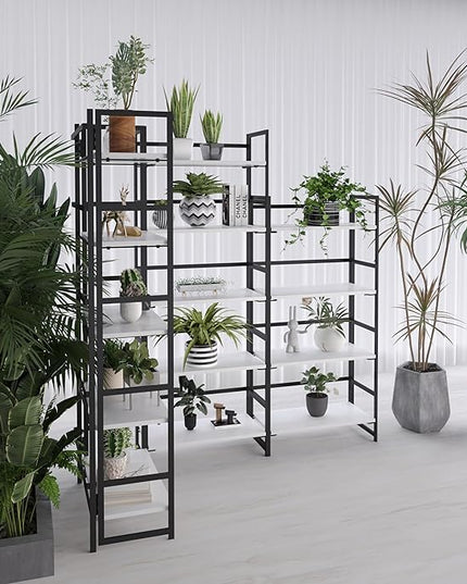 No-Assembly Folding Bookshelf Storage Shelves 5 Tiers Vintage Multifunctional Plant Flower Stand Storage Rack Shelves Bookcase for Home Office White&Black - LeafyLoom