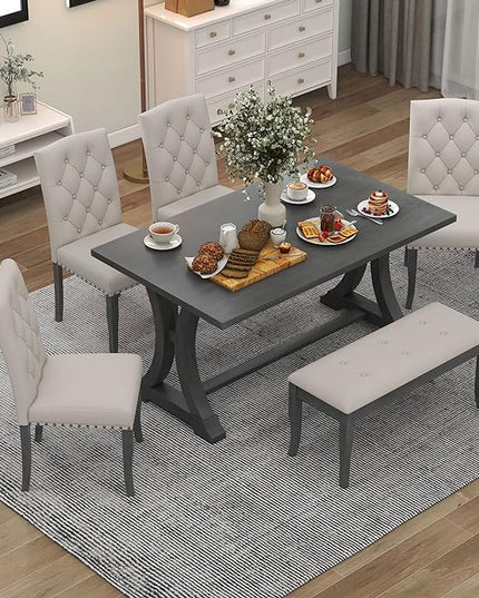 60 Inch Dining Table Set for 6, Farmhouse Rectangular Trestle Dining Table with 4 Upholstered Chairs & 1 Bench, Dining Room Table Set for Dining Room/Living Room, Antique Grey - LeafyLoom