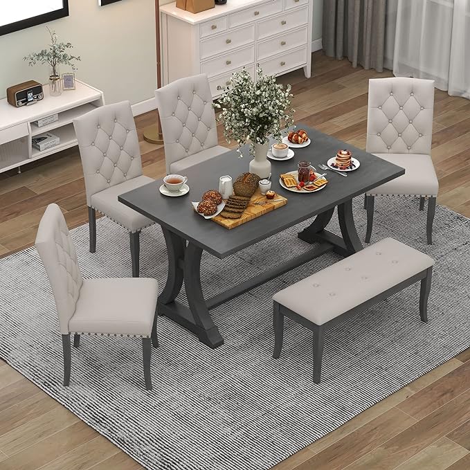 60 Inch Dining Table Set for 6, Farmhouse Rectangular Trestle Dining Table with 4 Upholstered Chairs & 1 Bench, Dining Room Table Set for Dining Room/Living Room, Antique Grey - LeafyLoom