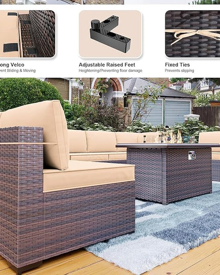 Kullavik 10 Pieces Outdoor Patio Furniture Set with 43" Gas Propane Fire Pit Table PE Wicker Rattan Sectional Sofa Patio Conversation Sets,Sand - LeafyLoom