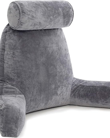 Husband Pillow XXL Dark Grey Backrest with Arms - Adult Reading Pillow Shredded Memory Foam, Ultra-Comfy Removable Microplush Cover & Detachable Neck Roll, Unmatched Support Bed Rest Sit Up Pillow - LeafyLoom