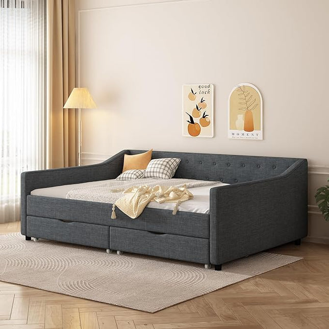 Full Size Daybed with Drawers, Linen Upholstered Tufted Sofa Bed Frame with Button on Back, Waved Shape Arms, Wooden Slats Support, Space-Saving, for Apartment, Bedroom, Dark Grey - LeafyLoom