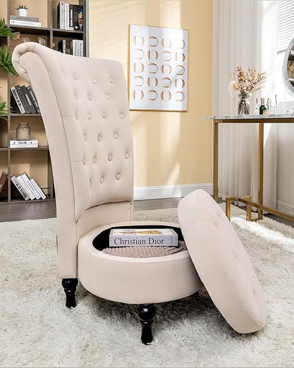 Royal High-Back Velvet Accent Chair for Vanity with Storage and Luxurious Upholstery, Retro Design and Versatile Usage for Living Room, Bedroom, Lounge and Office, Ivory - LeafyLoom