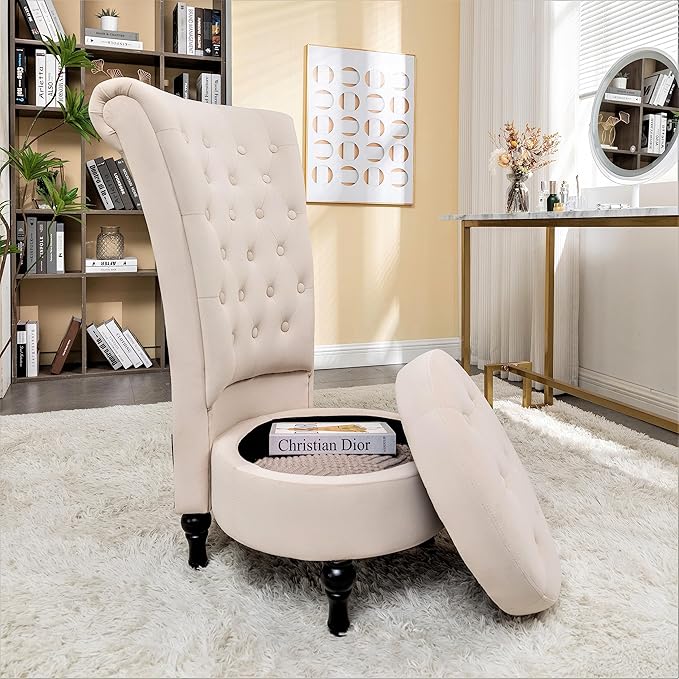 Royal High-Back Velvet Accent Chair for Vanity with Storage and Luxurious Upholstery, Retro Design and Versatile Usage for Living Room, Bedroom, Lounge and Office, Ivory - LeafyLoom