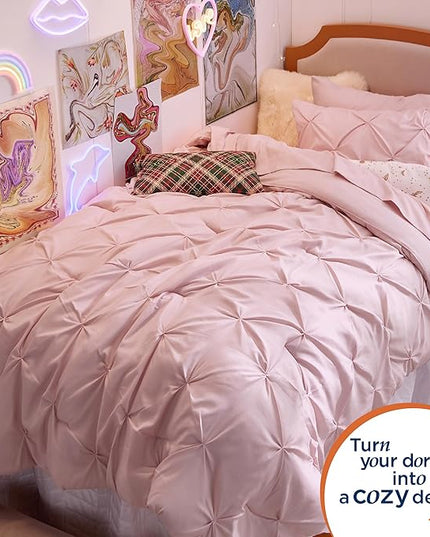 Bedsure Pink Twin Comforter Set for Girls - 5 Pieces Twin Bedding Sets, Pinch Pleat Pink Twin Bed in a Bag with Comforter, Sheets, Pillowcase & Sham - LeafyLoom
