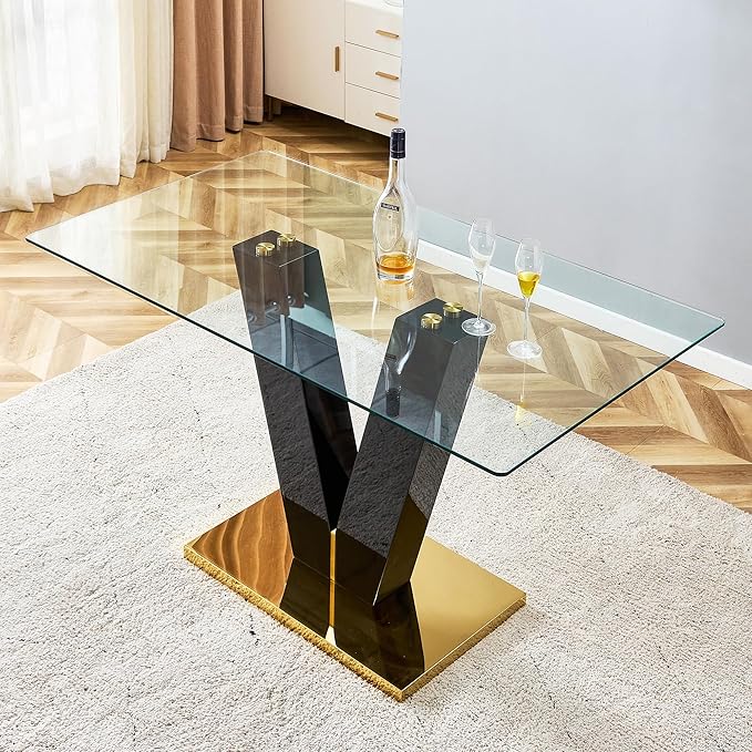 63.00" Modern Glass Table with Rectangular Tempered Tabletop,Dinner Desk Set for 6-8 People W, Home,Kitchen,Dining Room,Office,Black+Clear Finish, 63" V-Shape Bracket - LeafyLoom