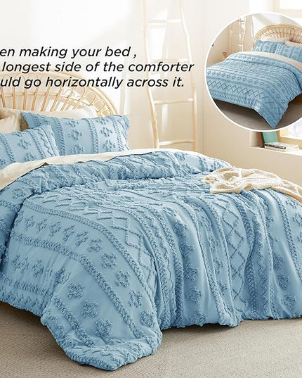 Bedsure Tufted Boho Comforter Set King - Dusty Blue Boho Bedding Comforter Set, 3 Pieces Farmhouse Shabby Chic Embroidery Bed Set, Soft Jacquard Comforter for All Seasons - LeafyLoom
