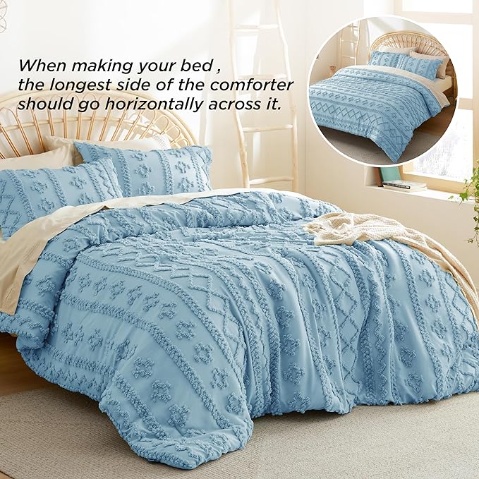 Bedsure Tufted Boho Comforter Set King - Dusty Blue Boho Bedding Comforter Set, 3 Pieces Farmhouse Shabby Chic Embroidery Bed Set, Soft Jacquard Comforter for All Seasons - LeafyLoom