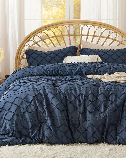 Bedsure Queen Comforter Set - Navy Blue Comforter, Boho Tufted Shabby Chic Bedding Comforter Set, 3 Pieces Vintage Farmhouse Bed Set for All Seasons, Fluffy Soft Bedding Set with 2 Pillow Shams - LeafyLoom