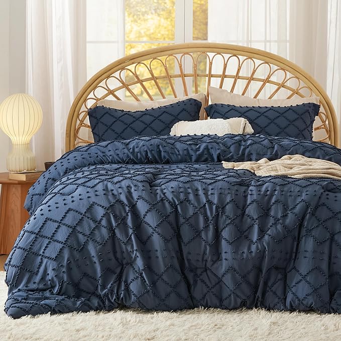 Bedsure King Size Comforter Set - Navy Blue Comforter, Boho Tufted Shabby Chic Bedding Comforter Set, 3 Pieces Farmhouse Bed Set for All Seasons, Fluffy Soft Bedding Set with 2 Pillow Shams - LeafyLoom