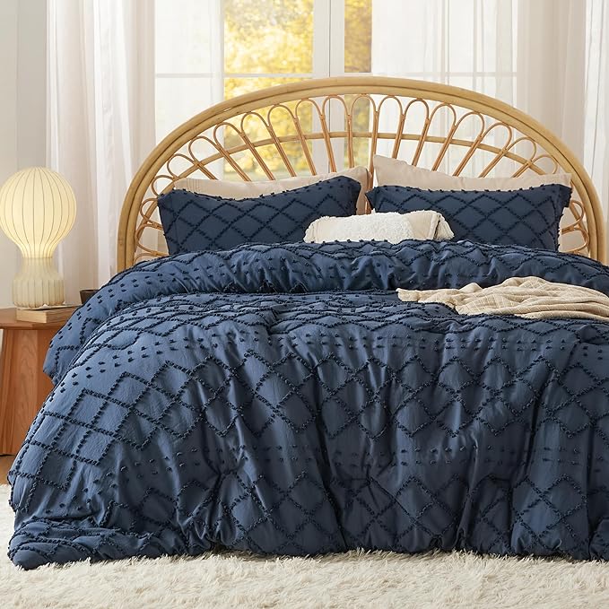 Bedsure Full Size Comforter Set - Navy Blue Comforter, Boho Tufted Shabby Chic Bedding Comforter Set, 3 Pieces Vintage Farmhouse Bed Set for All Seasons, Fluffy Bedding Set with 2 Pillow Shams - LeafyLoom