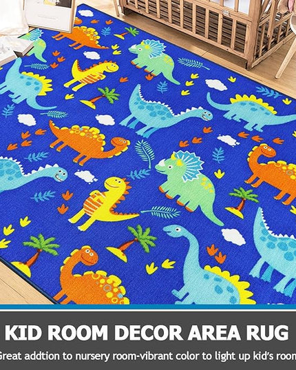 Capslpad Blue Dinosaur Kids Play Rugs for Boys Bedroom Colourful Cartoon Dinosaur Decor Kids Area Rug Non-Slip Washable Dinosaur Carpet Rugs for Kids Room,Playroom,Nursery Room Decor,5'×6.6' - LeafyLoom