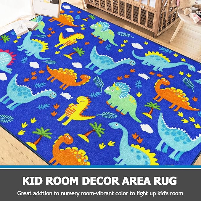 Capslpad Blue Dinosaur Kids Play Rugs for Boys Bedroom Colourful Cartoon Dinosaur Decor Kids Area Rug Non-Slip Washable Dinosaur Carpet Rugs for Kids Room,Playroom,Nursery Room Decor,5'×6.6' - LeafyLoom