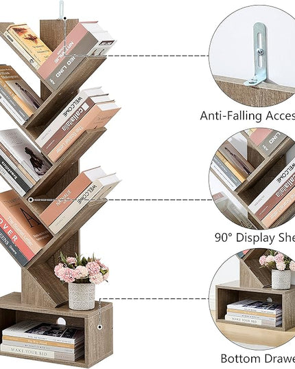 Hoctieon 6 Tier Tree Bookshelf, Tall Bookcase with Drawer, Freestanding Book shelf, Display Floor Standing Storage Shelf, Book Organizer Shelves for Home Office, Living Room, Bedroom, Greige - LeafyLoom