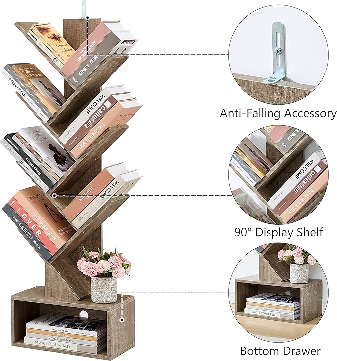 Hoctieon 6 Tier Tree Bookshelf, Tall Bookcase with Drawer, Freestanding Book shelf, Display Floor Standing Storage Shelf, Book Organizer Shelves for Home Office, Living Room, Bedroom, Greige - LeafyLoom