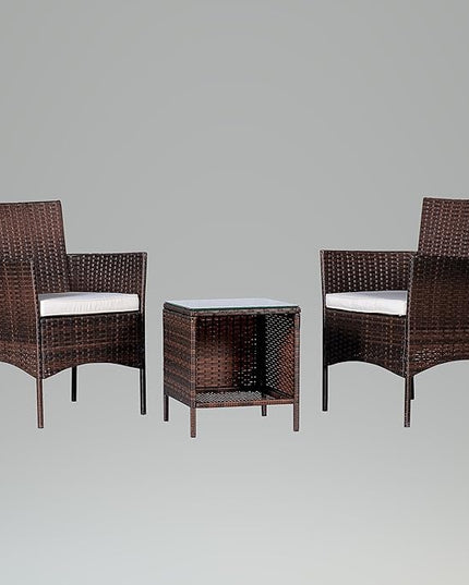 BTEXPERT Outdoor Wicker Conversation 3 Piece Bistro Garden Patio Yard Porch Furniture Space Saving Pe Rattan Two Chairs Cushions Side Storage Glass Table Brown/Beige 3pc Set, OneSize - LeafyLoom