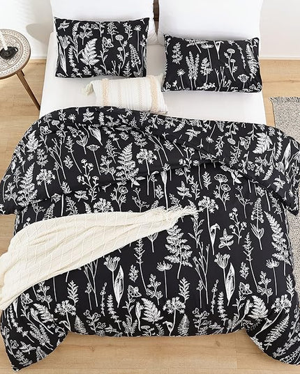 JANZAA Queen,3 PCS Floral Comforter Set with Comforter, Black, Soft Microfiber Bedding Set with 2 Pillow Cases - LeafyLoom