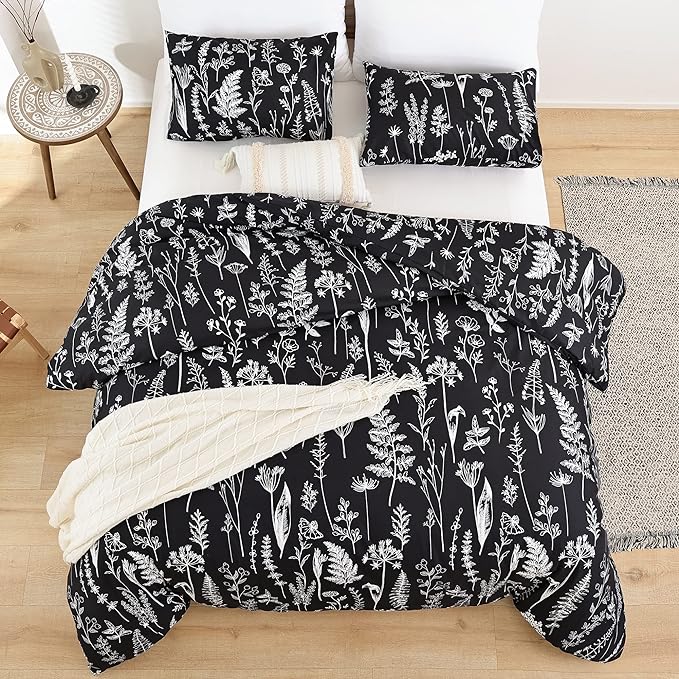 JANZAA Queen,3 PCS Floral Comforter Set with Comforter, Black, Soft Microfiber Bedding Set with 2 Pillow Cases - LeafyLoom