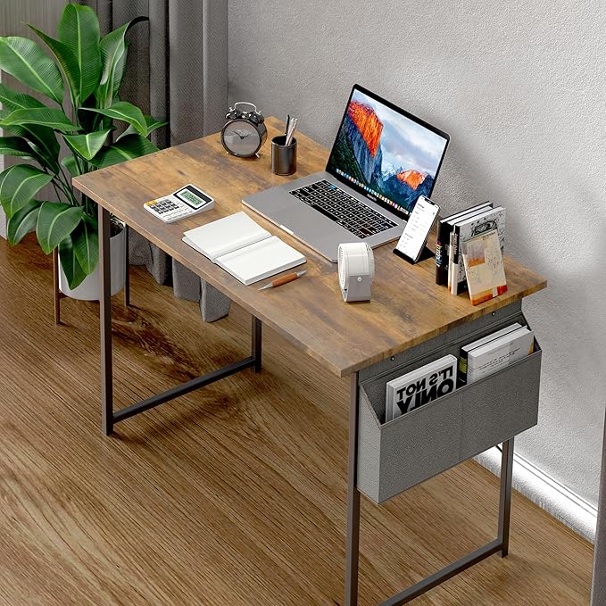 HealSmart Writing Study Worktable for Bedroom Small Desk, Modern Simple Style PC Table with Storage Bag, 47 Inch, Brown-New Version - LeafyLoom