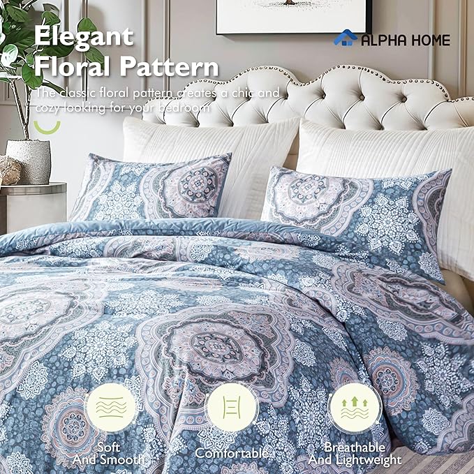 ALPHA HOME Queen Size Comforter Set, All Season Bedding Comforter Set, Comfortable Fluffy Floral Comforter Set with Cotton Fabric (1 Comforter, 2 Pillowcases) - LeafyLoom