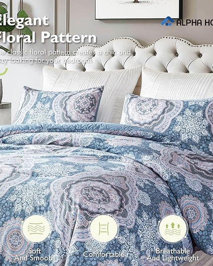 ALPHA HOME King Size Comforter Set, All Season Bedding Comforter Set, Comfortable Fluffy Floral Comforter Set with Cotton Fabric (1 Comforter, 2 Pillowcases) - LeafyLoom