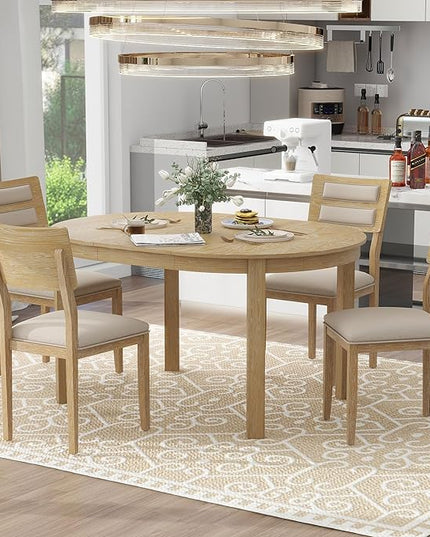 5-Piece Farmhouse Extendable Round Dining Table Set with Two 4 Upholstered Chairs for Kitchen, Breakfast Nook, Living Room, 42"-56" L x 42" W x 30" H, Natural Wood Wash(2 Small Drawers) - LeafyLoom