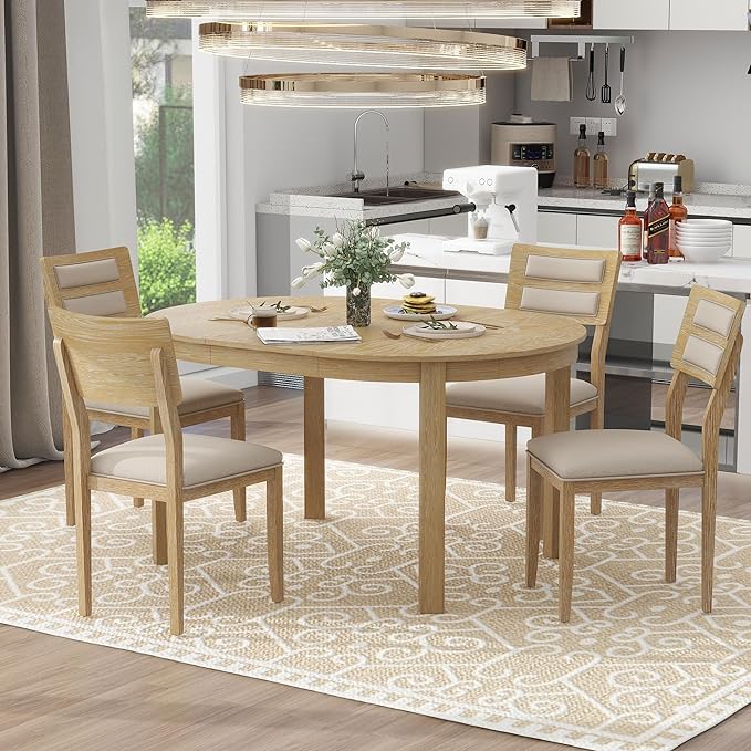 5-Piece Farmhouse Extendable Round Dining Table Set with Two 4 Upholstered Chairs for Kitchen, Breakfast Nook, Living Room, 42"-56" L x 42" W x 30" H, Natural Wood Wash(2 Small Drawers) - LeafyLoom