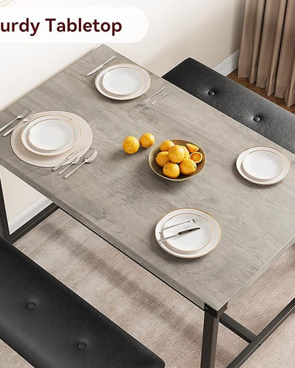 GAOMON Dining Table Set for 4, Kitchen Table with Benches, Rectangular Dining Room Table Set with 2 Upholstered Benches, 3 Piece Kitchen Table Set for Small Space, Apartment, Studio, Retro Grey - LeafyLoom