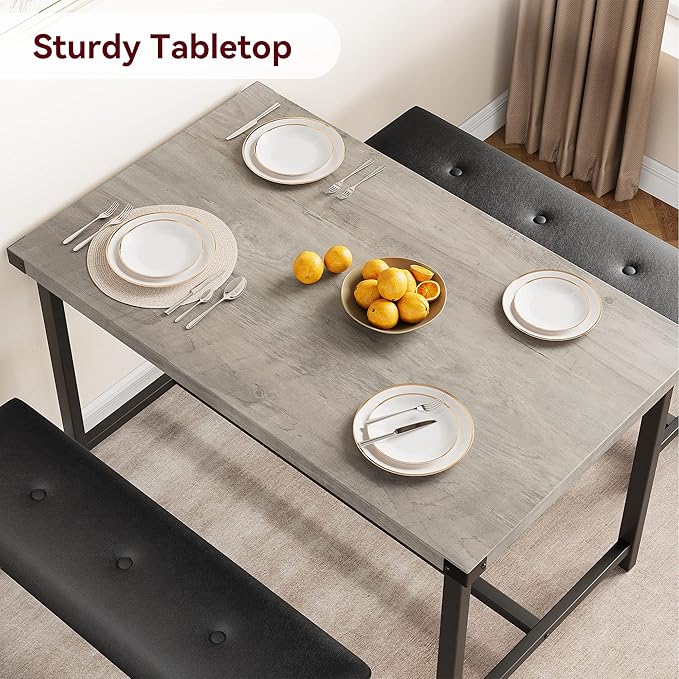 GAOMON Dining Table Set for 4, Kitchen Table with Benches, Rectangular Dining Room Table Set with 2 Upholstered Benches, 3 Piece Kitchen Table Set for Small Space, Apartment, Studio, Retro Grey - LeafyLoom