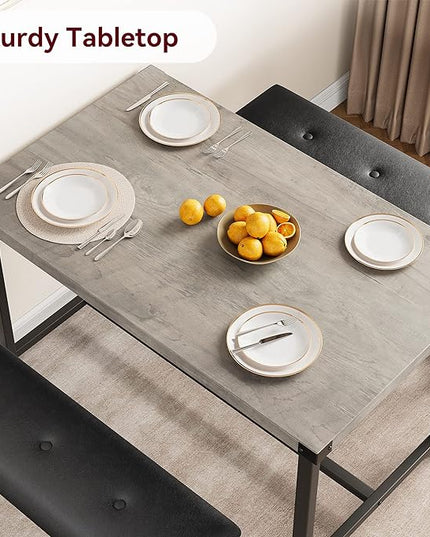 Kitchen Table with Benches, Dining Table Set for 4, Rectangular Dining Room Table Set with 2 Upholstered Benches, 3 Piece Kitchen Table Set for Small Space, Apartment, Studio, Retro Gray - LeafyLoom