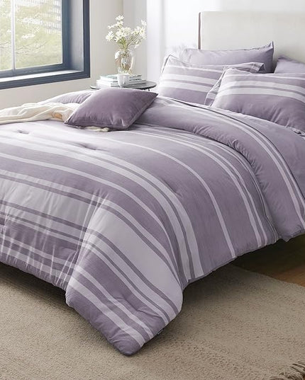 Bedsure Bed in a Bag Twin Size 5 Pieces, Purple White Striped Bedding Comforter Sets All Season Bed Set with 1 Pillow Sham, Flat Sheet, Fitted Sheet and 1 Pillowcase - LeafyLoom
