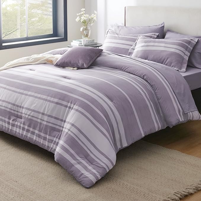 Bedsure Bed in a Bag Twin Size 5 Pieces, Purple White Striped Bedding Comforter Sets All Season Bed Set with 1 Pillow Sham, Flat Sheet, Fitted Sheet and 1 Pillowcase - LeafyLoom