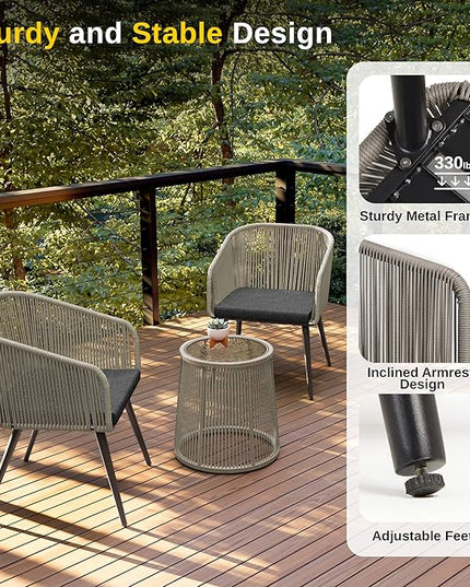 EAST OAK Breezeway Patio Furniture Set, 3-Piece Outside Bistro Set Handwoven Rattan Wicker Chairs with Waterproof Cushions, Tempered Glass Table, Outdoor Conversation Set, Light Grey & Dark Grey - LeafyLoom