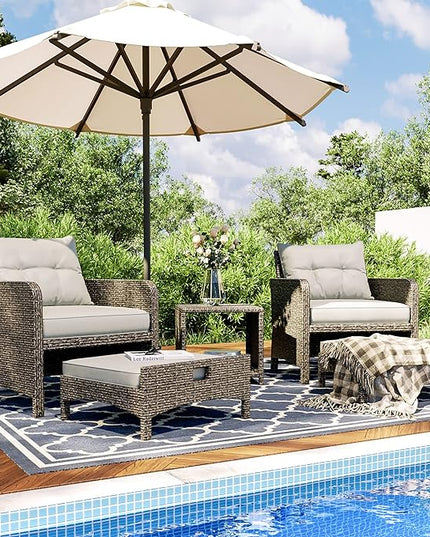 Pamapic 5 Pieces Wicker Patio Furniture Set Outdoor Patio Chairs with Ottomans Conversation Furniture with coffetable for Poorside Garden Balcony(Grey Cushion +Grey Rattan)… - LeafyLoom