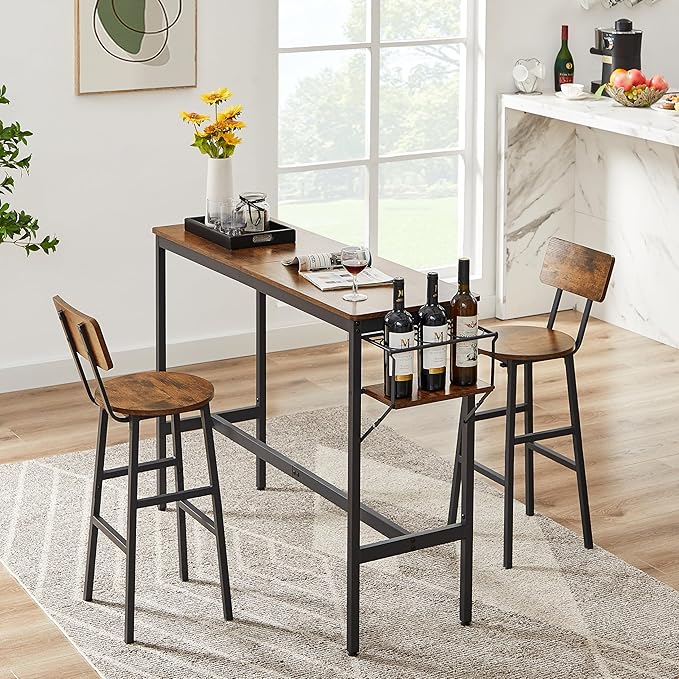 NicBex Dining Table Kitchen Table and Chairs 2 Person Dining Table Set Bar Table Set with Metal Frame and Wine Bottle Storage Rack for Dining Room and Restaurant, Rustic Brown - LeafyLoom