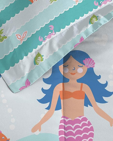 dream FACTORY Kids 5-Piece Complete Set Easy-Wash Super Soft Microfiber Comforter Bedding, Twin, Light Blue Mermaid Dreams - LeafyLoom