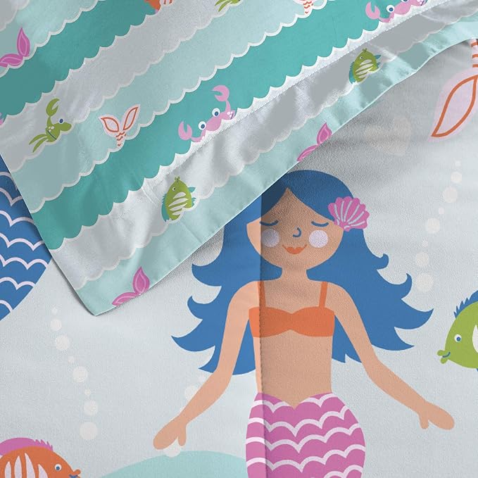 dream FACTORY Kids 5-Piece Complete Set Easy-Wash Super Soft Microfiber Comforter Bedding, Twin, Light Blue Mermaid Dreams - LeafyLoom