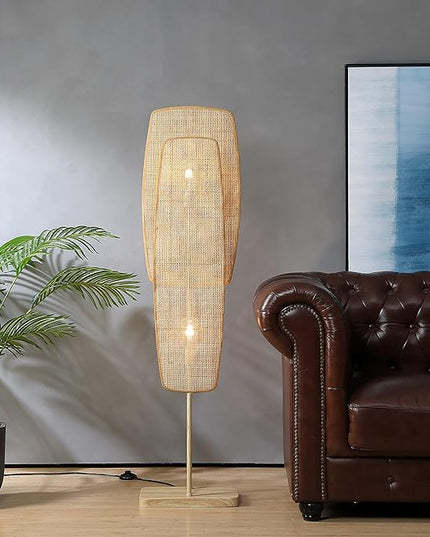 Amud - Floor Lamp, 2-Light with Bamboo Wicker Panels Wood Finish, Beige - LeafyLoom